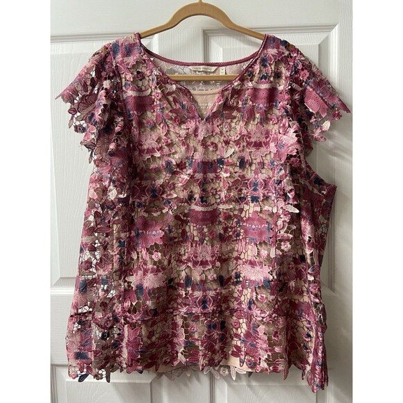 Soft Surrounding Pink Lace Top Womens Plus 3x With 3x Tan Tank Liner Cap Sleeve - Picture 1 of 8